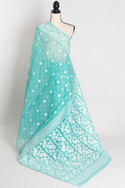 Subha : Sea Blue Blended Soft Cotton Jamdani Bengali Saree image 1