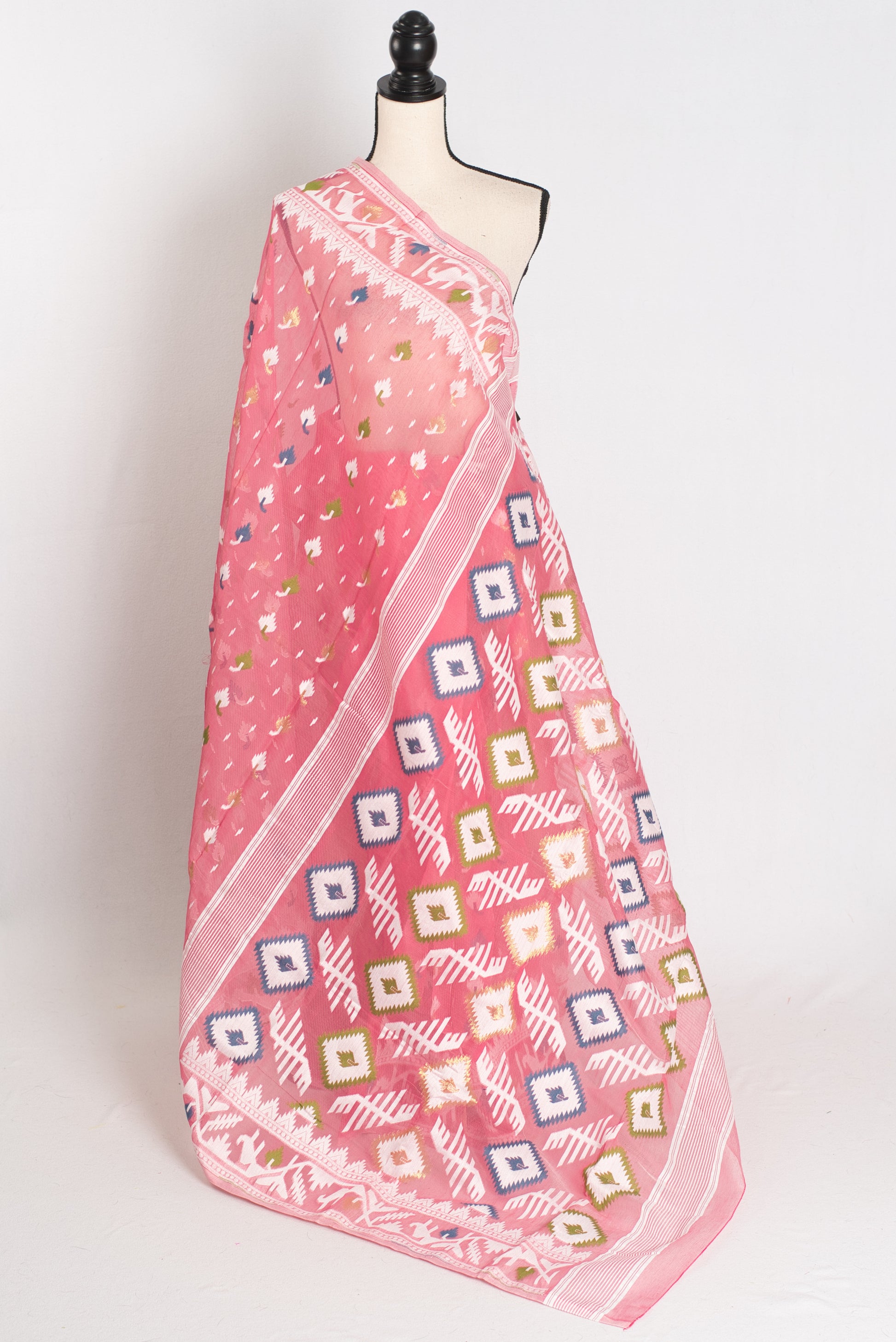 Sreya : Pink and White Blended Soft Cotton Jamdani Bengali Saree image 1