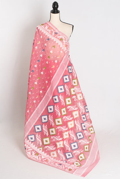 Sreya : Pink and White Blended Soft Cotton Jamdani Bengali Saree image 1