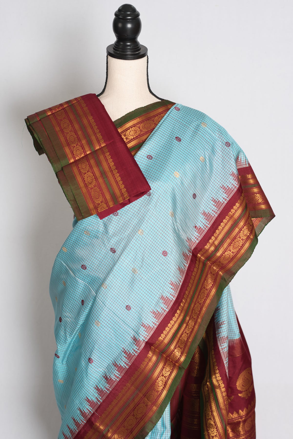Naheed : Sky Blue and Maroon Micro Checks Handloom Gadwal Silk Saree image 2