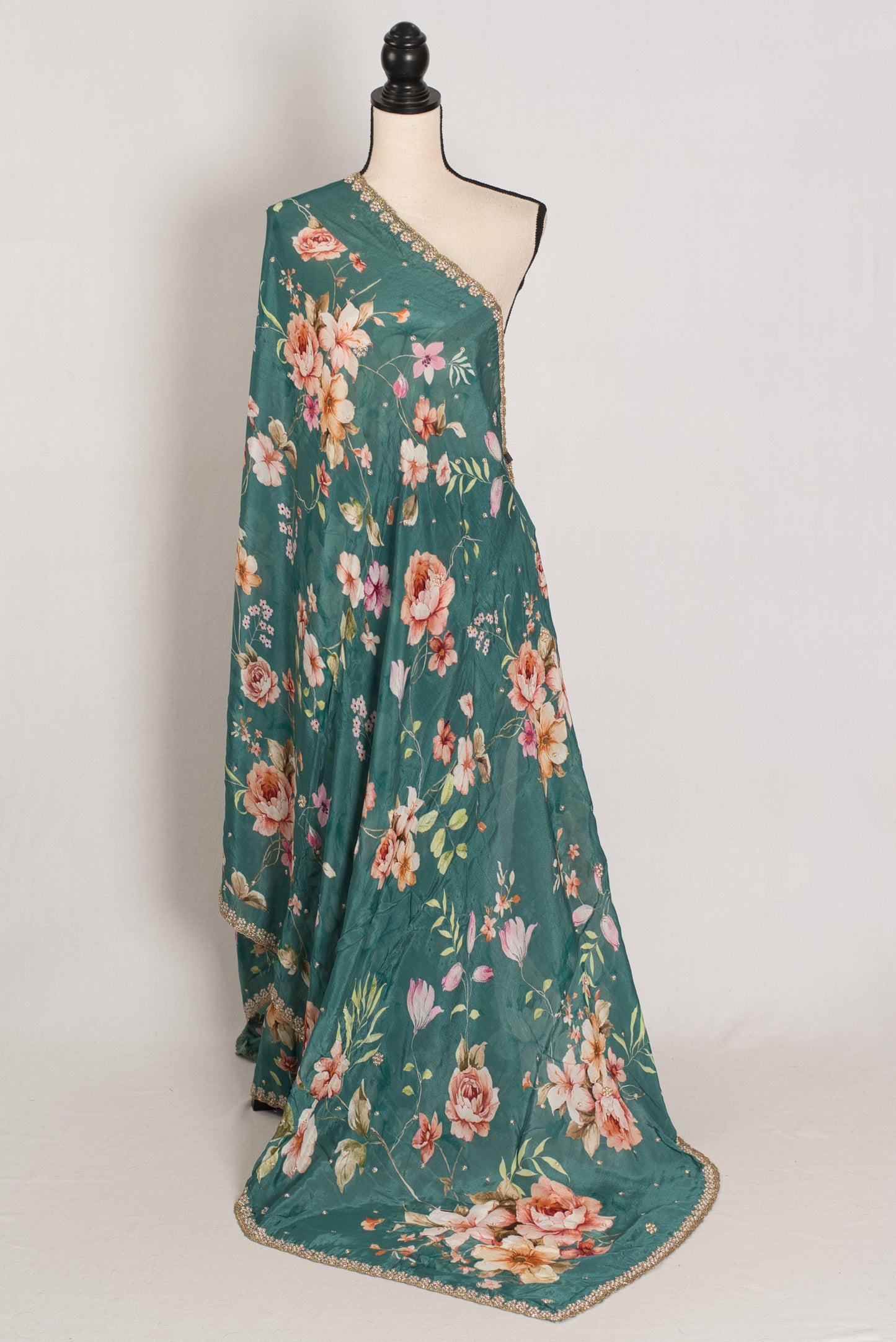 Afrin: Teal Floral Chinon Crepe Saree with Hand-Embroidered Pearl Border image 1