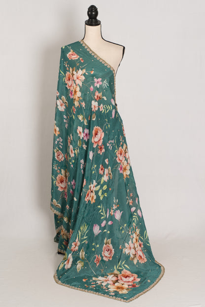 Afrin: Teal Floral Chinon Crepe Saree with Hand-Embroidered Pearl Border image 1