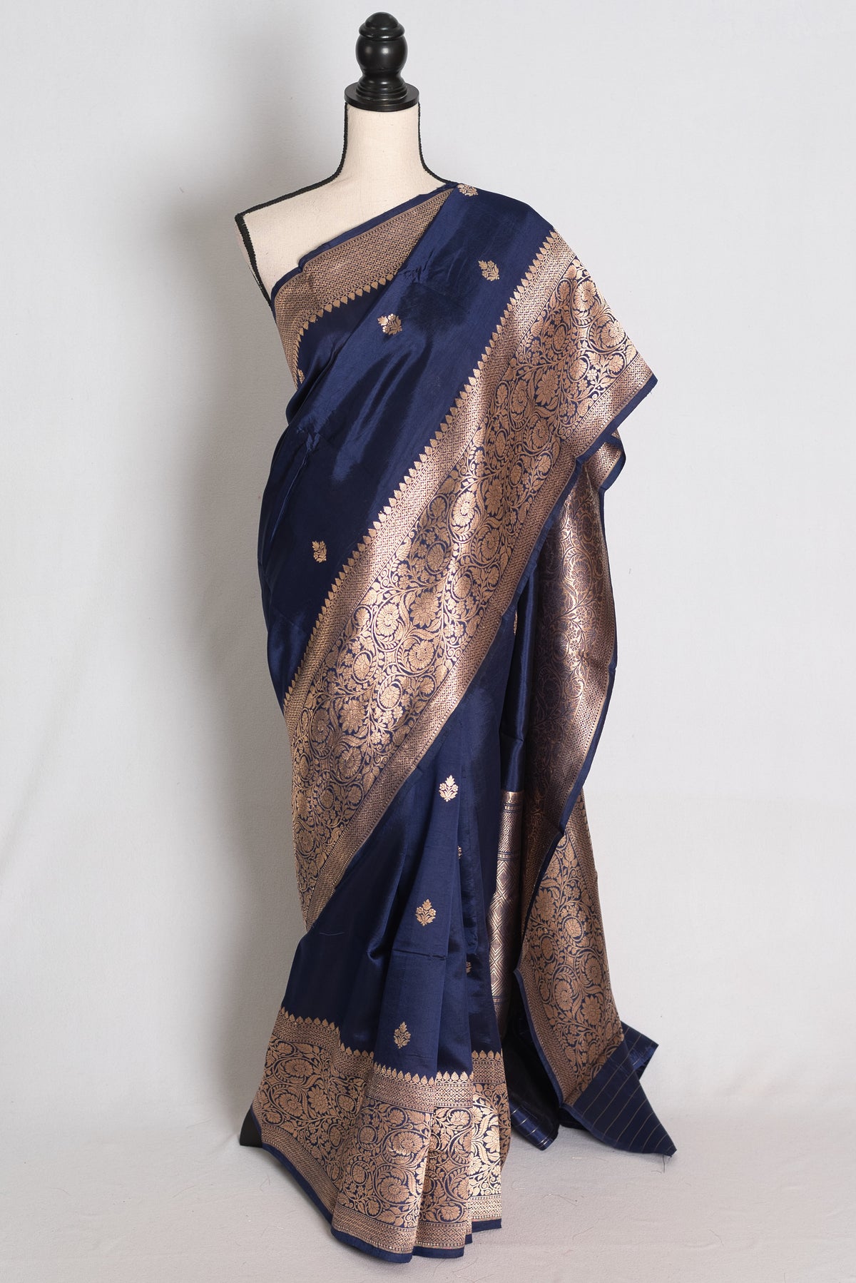 Krishna: Midnight Blue and Gold Mango Silk Banarasi Saree with Wide Border image 0
