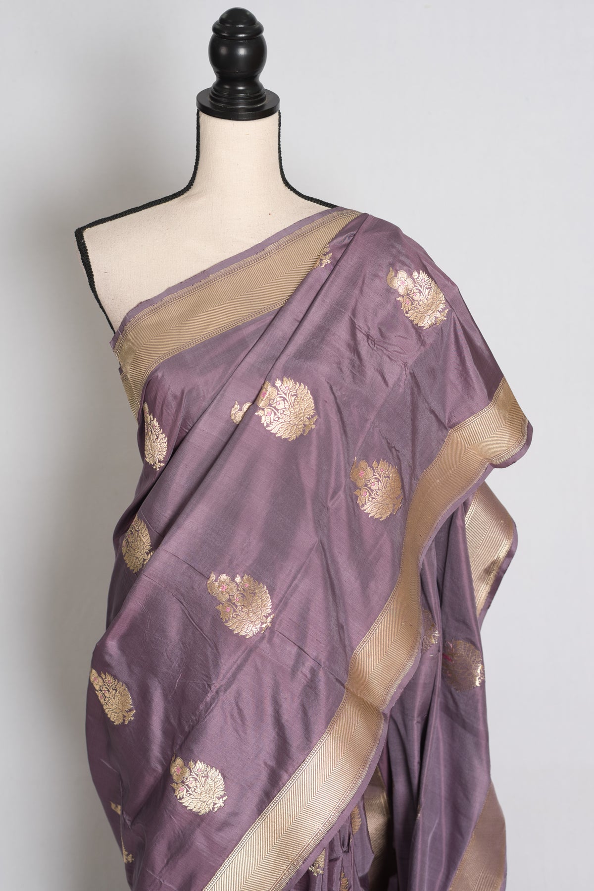 Sudha: Mauve and Gold Banarasi Katan Silk Saree with 40 Size Stitched Blouse image 6