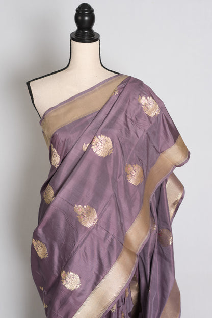 Sudha: Mauve and Gold Banarasi Katan Silk Saree with 40 Size Stitched Blouse image 6