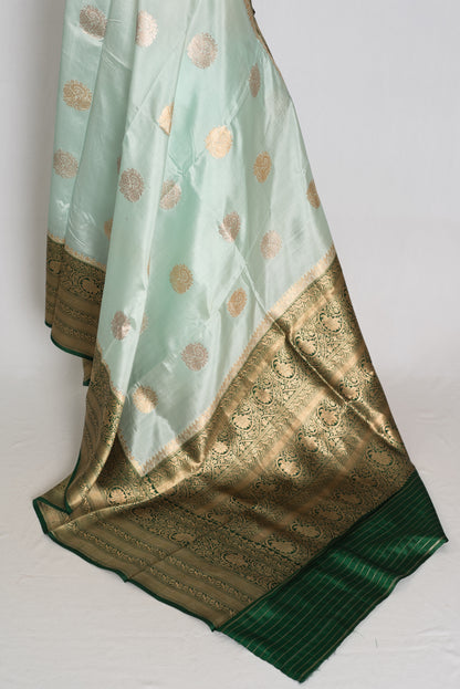Anisha : Mint Green and Bottle Green Satin Pure Silk Banarasi Saree | Silk Mark image 3