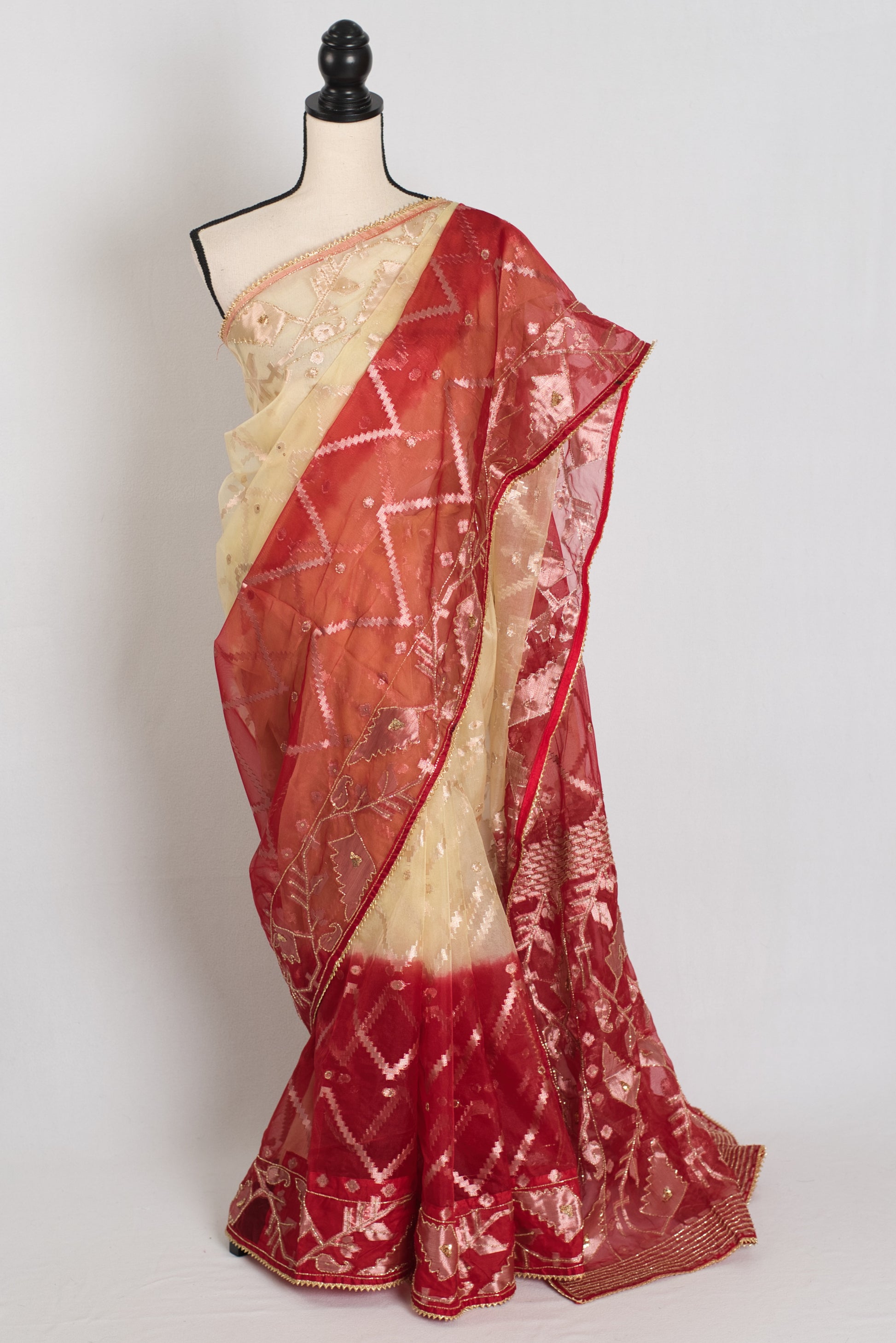 Rani : Beige and Red Semi Muslin Jamdani Saree with Cut Dana Embroidery Work image 0