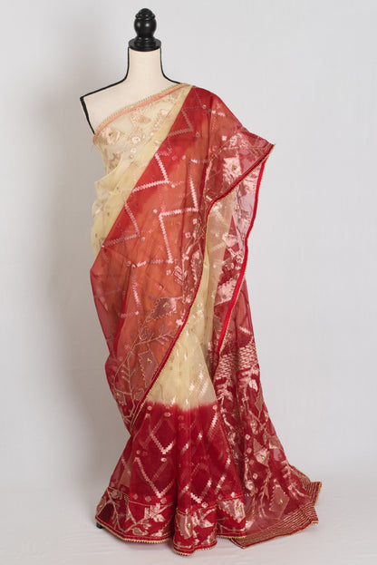 Rani : Beige and Red Semi Muslin Jamdani Saree with Cut Dana Embroidery Work image 0