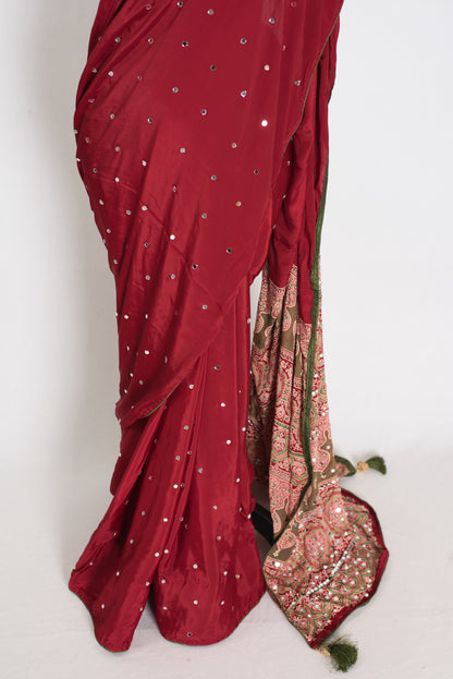 Mouli | Brick Red Mirror Work Partywear Ajrakh Saree | Soft Semi Modal Silk image 6