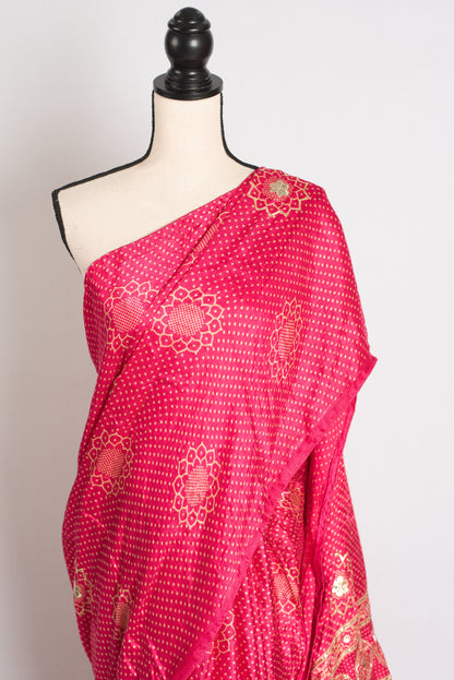 Vashu : Pink Modal Silk Bandhani Saree with Hand Embroidery Gota Patti Work image 5