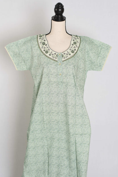 Embroidery Printed Green Women Indian Cotton Nighty in Regular Size image 0
