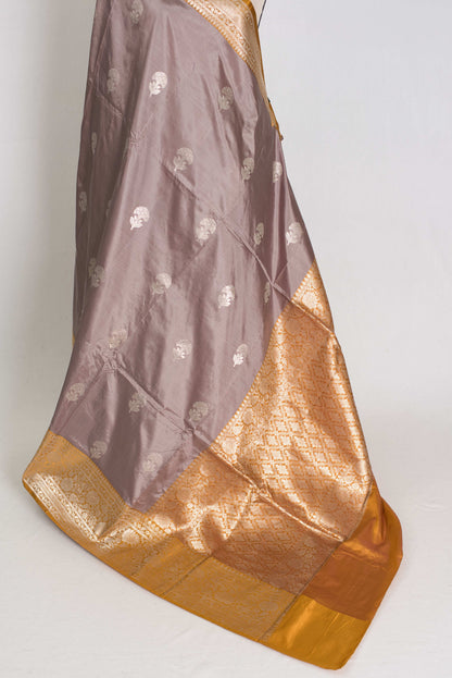 Basuri : Certified Silk Banarasi Saree in English Brown with Silver Zari image 3