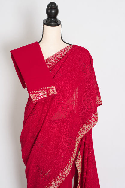 Reeva | Rosy Pink Georgette Kashmiri Embroidery Saree| Cocktail Partywear image 2