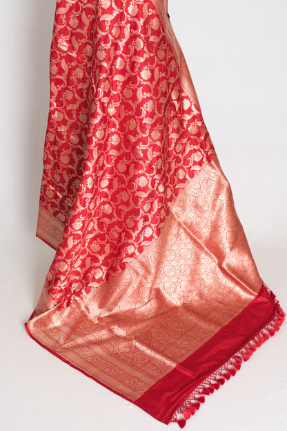 Subha : Red and Gold Katan Silk Jangla Bridal Banarasi Saree image 4