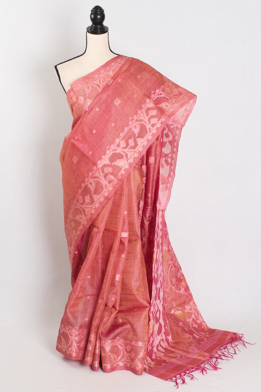 Urmi : Coral Pink Pure Bengal Tussar Silk Saree with Hand-Woven Jamdani Motif image 0