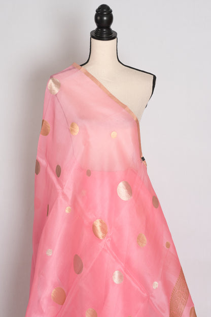 Priya : Pink and Gold Kora Silk Banarasi Saree with Polka Dots image 4