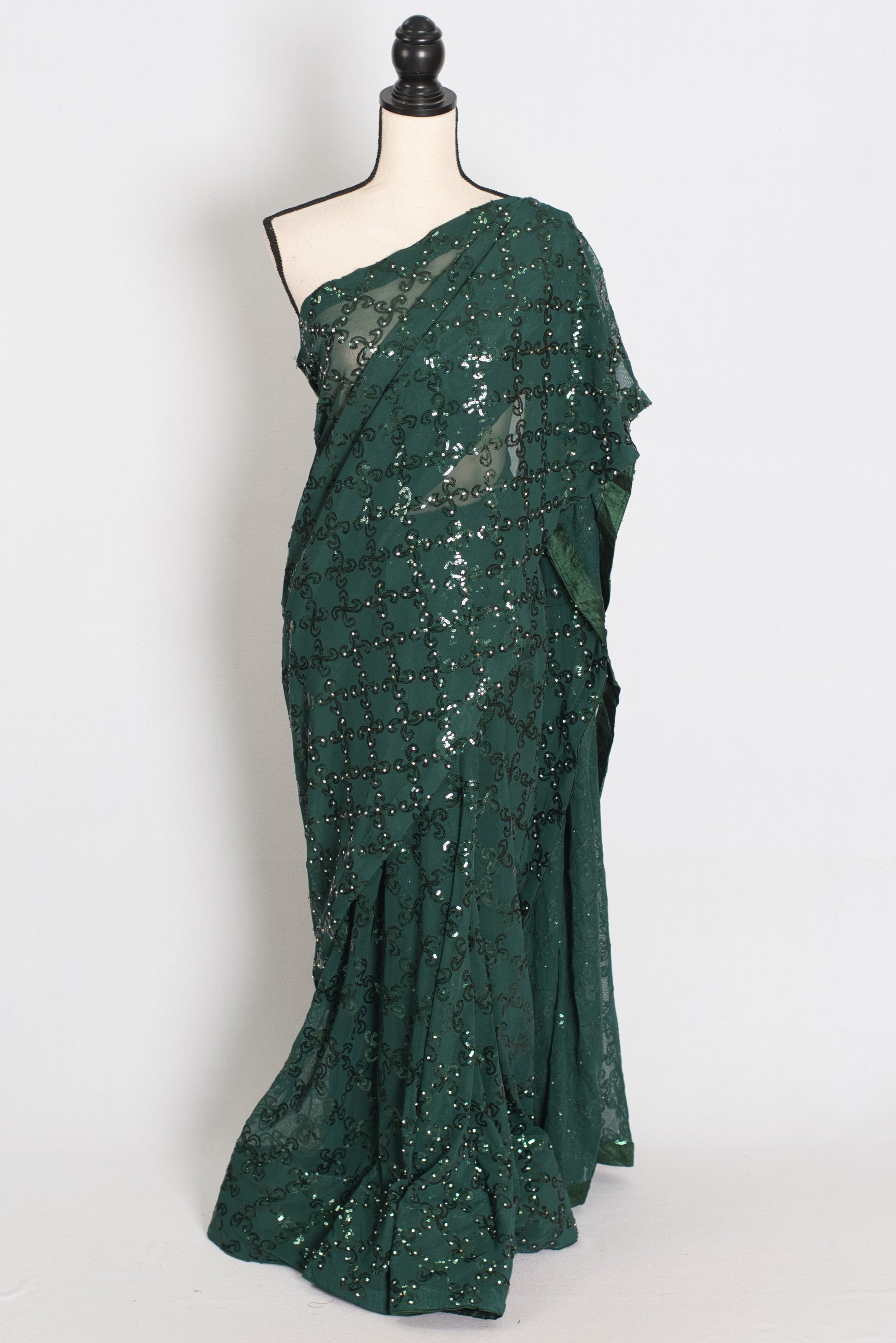 Heena | Dark Green Soft Net Sequin Saree | Bollywood Partywear image 0