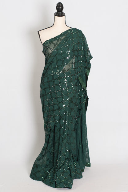 Heena | Dark Green Soft Net Sequin Saree | Bollywood Partywear image 0