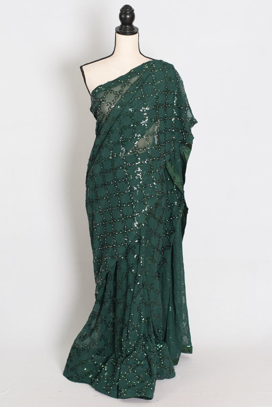 Heena | Dark Green Soft Net Sequin Saree | Bollywood Partywear image 0