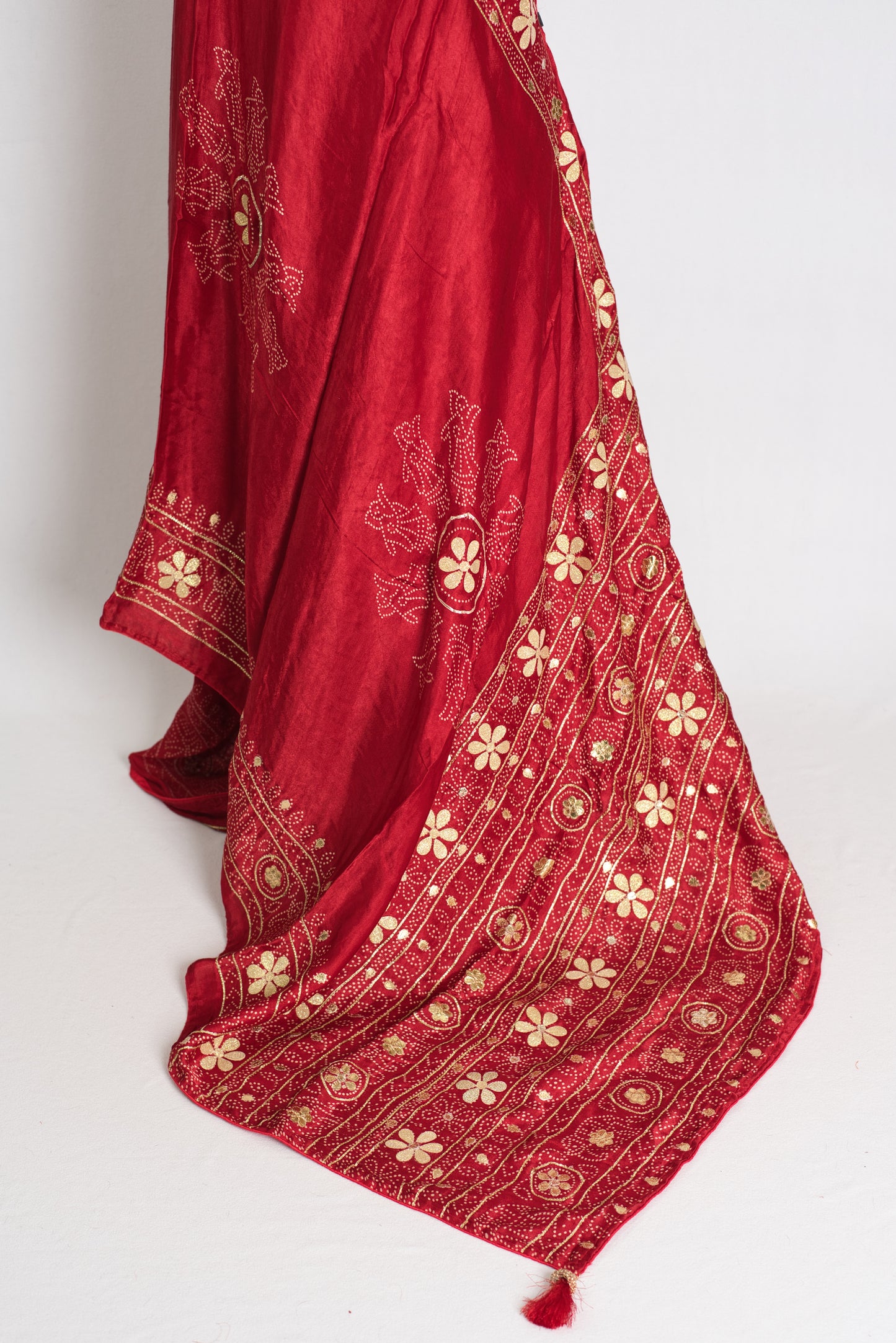 Jiya : Red Modal Silk Bandhani Saree with Gota Patti Work image 3