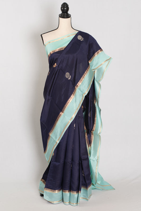 Gehna | Dark Blue & Sky Blue Satin Katan Banarasi Saree | Modern Minimalist image 0