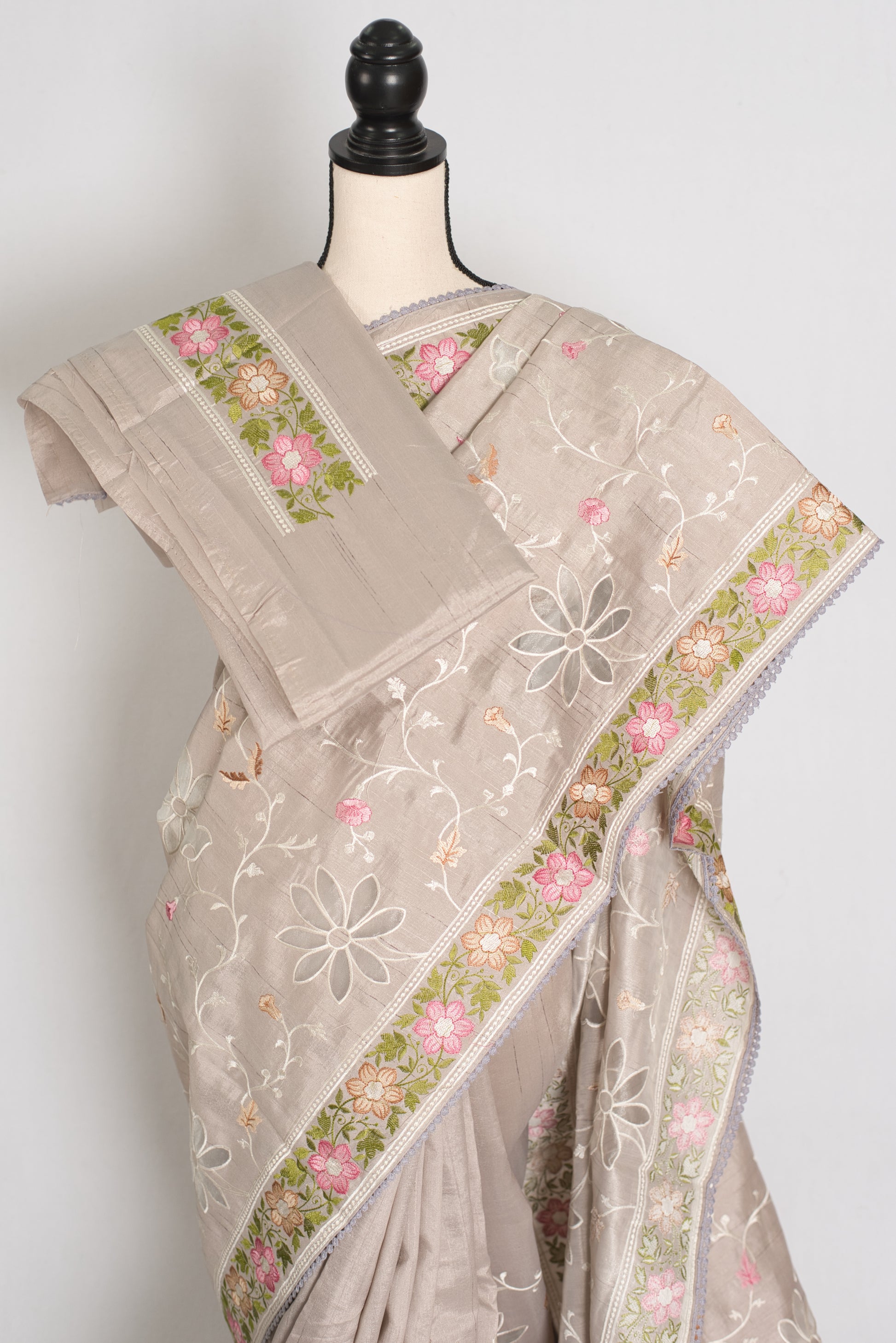 Sriti: Dove Grey Semi Tussar Silk Saree with Floral Cut Work Embroidery image 2