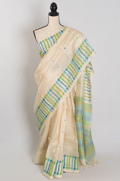 Rini: Cream Tussar Silk Saree with Blue & Green Motifs | Silk Mark Certified image 0