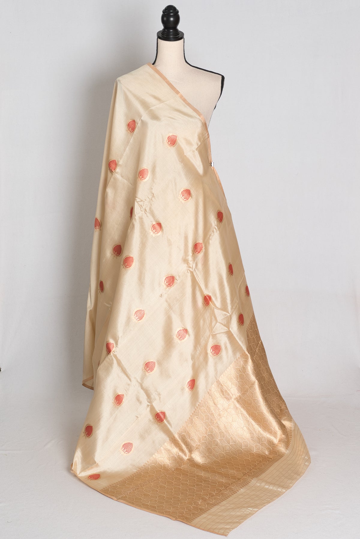 Cream and Red Banarasi saree — front view