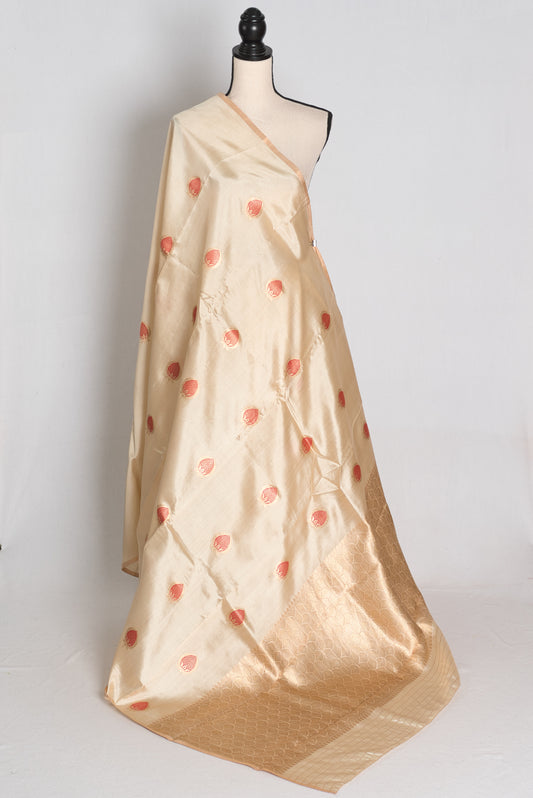 Cream and Red Banarasi saree — front view