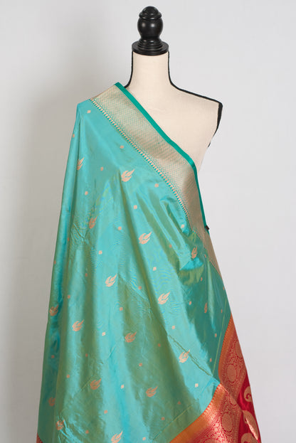 Nandini | Sea Green & Red Ganga Jamuna Border Banarasi Silk Saree image 5