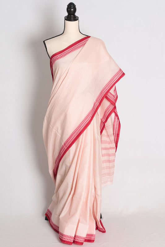 Lakshmi: Light Pinkish White Soft Dhaniakhali Cotton Saree with Red Border image 0