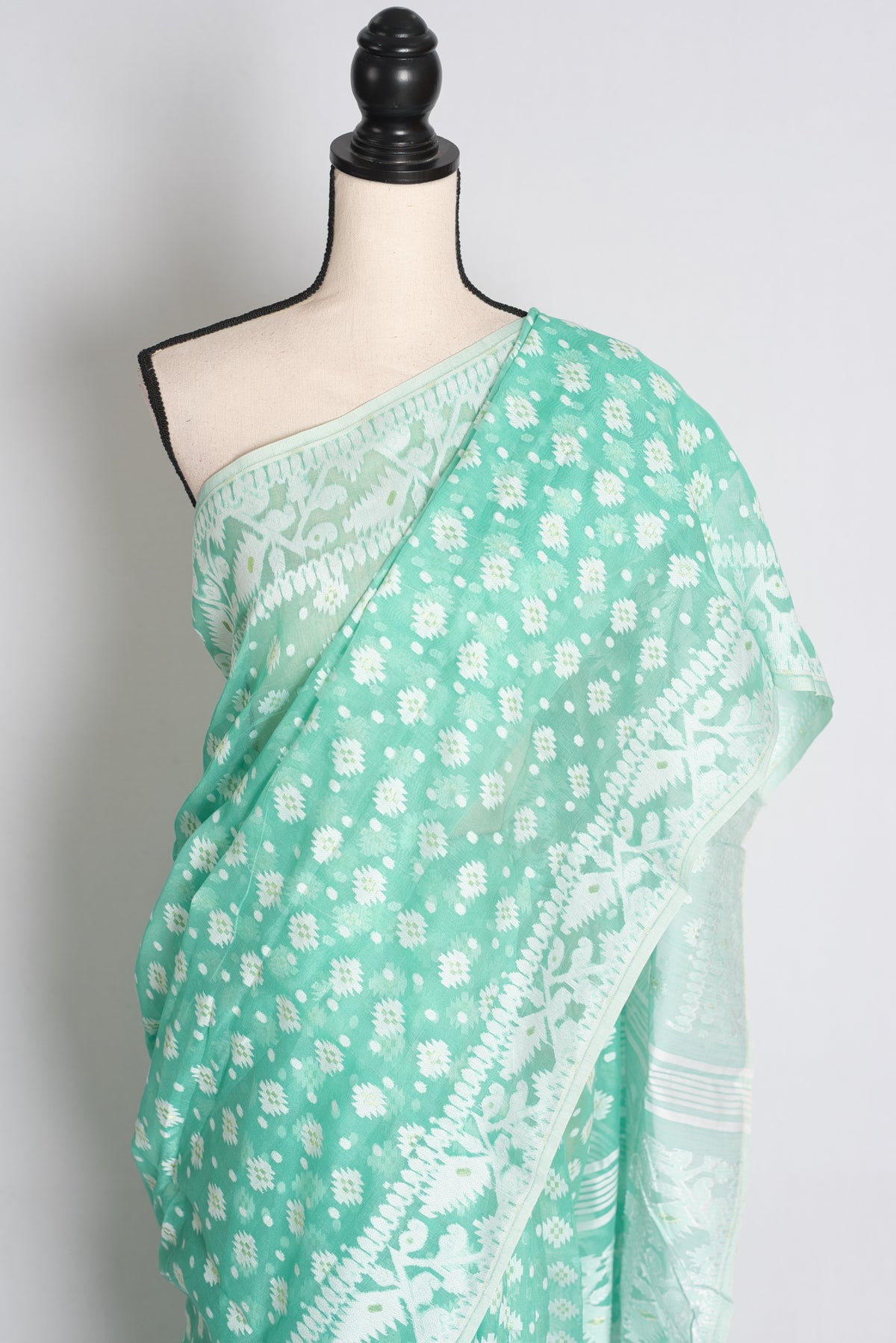 Sea Green and White Jamdani saree — drape view
