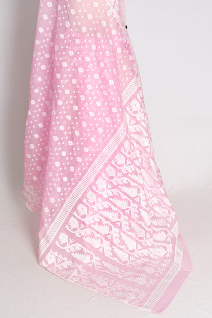 Mahua : Soft Pink and White Blended Soft Cotton Bengali Jamdani Saree image 3