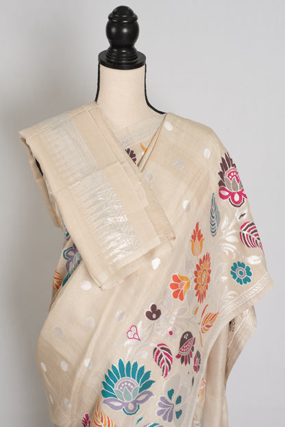 Afrin : Beige Tussar Georgette Banarasi Saree with Paithani Minakari Border image 2