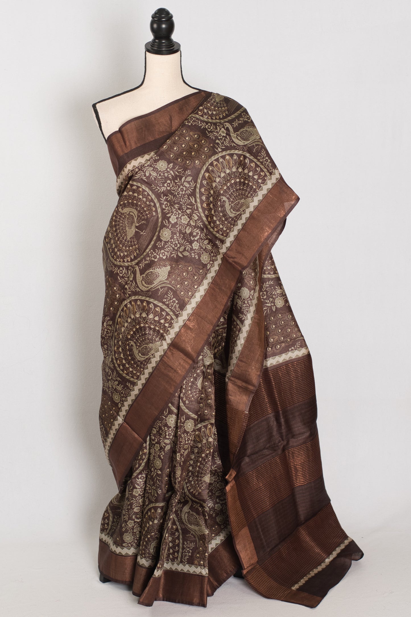 Kala | Earthy Brown Pure Tussar Silk Saree | Heritage Kalamkari Art Prints image 0