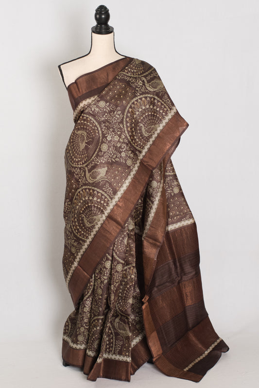 Kala | Earthy Brown Pure Tussar Silk Saree | Heritage Kalamkari Art Prints image 0