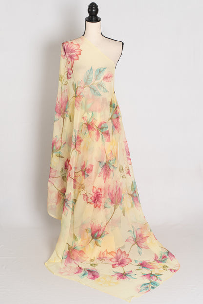 Sia : Light Yellow Floral Printed Chiffon Saree - Budget-Friendly Summer Drape image 1