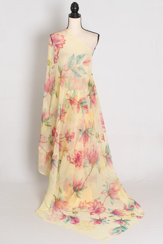 Sia : Light Yellow Floral Printed Chiffon Saree - Budget-Friendly Summer Drape image 1