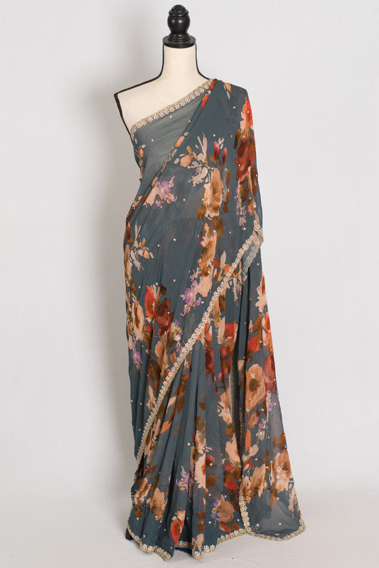 Flora: Chinon Crepe Saree with Hand-Embroidered Border | Bollywood Style image 0