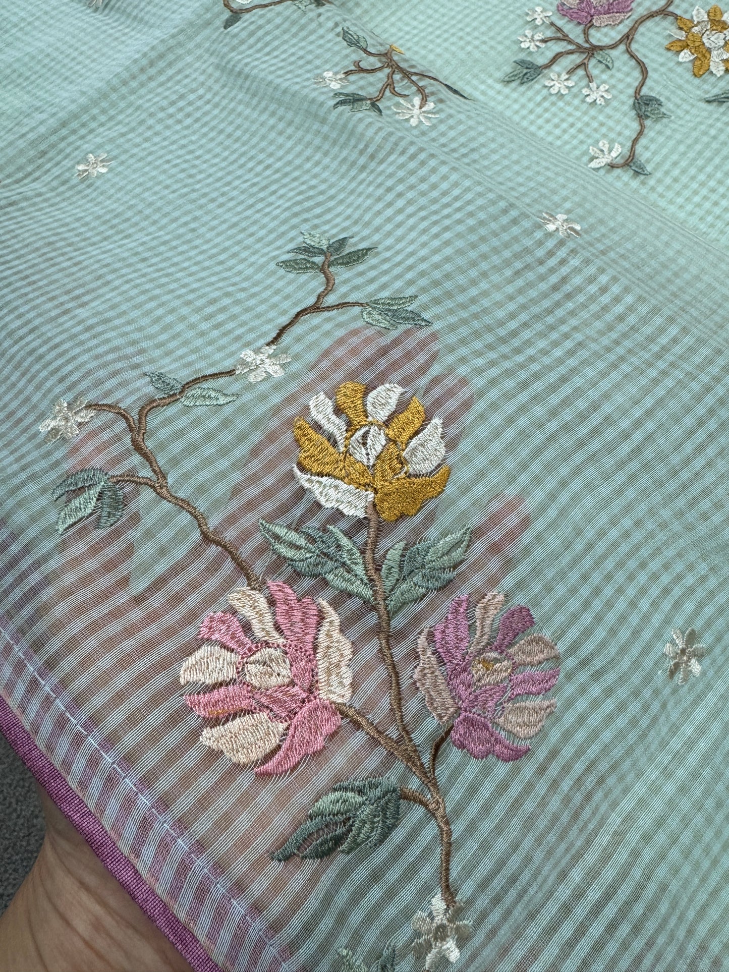 Damini | Sea Green Floral Embroidery Blended Cotton Kota Saree image 3