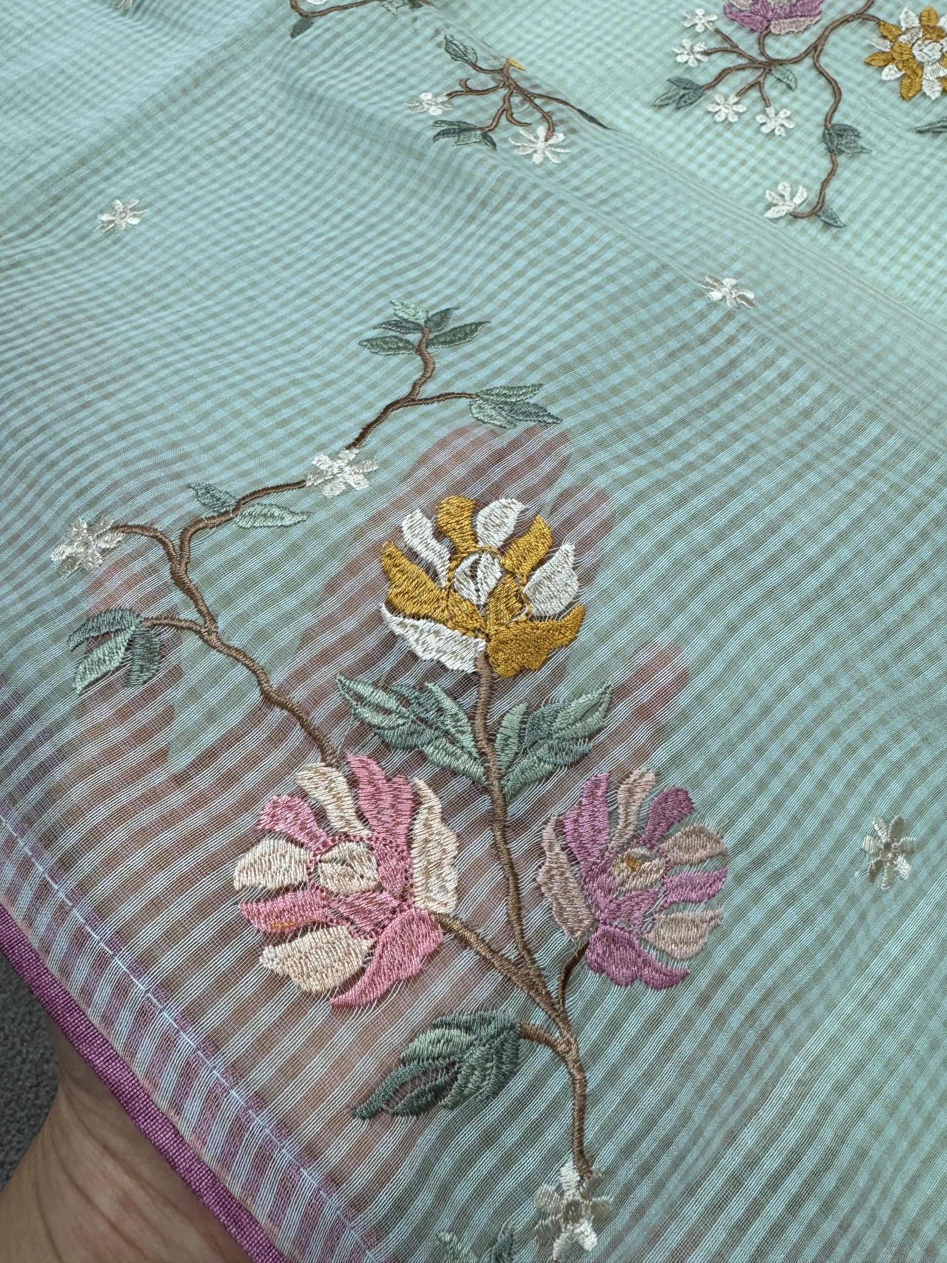 Damini | Sea Green Floral Embroidery Blended Cotton Kota Saree image 3