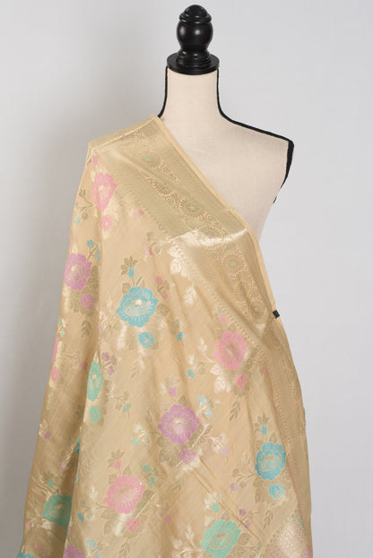 Mahi: Off-White & Gold Soft Muga Cotton Silk Saree | Floral Banarasi Weave image 4