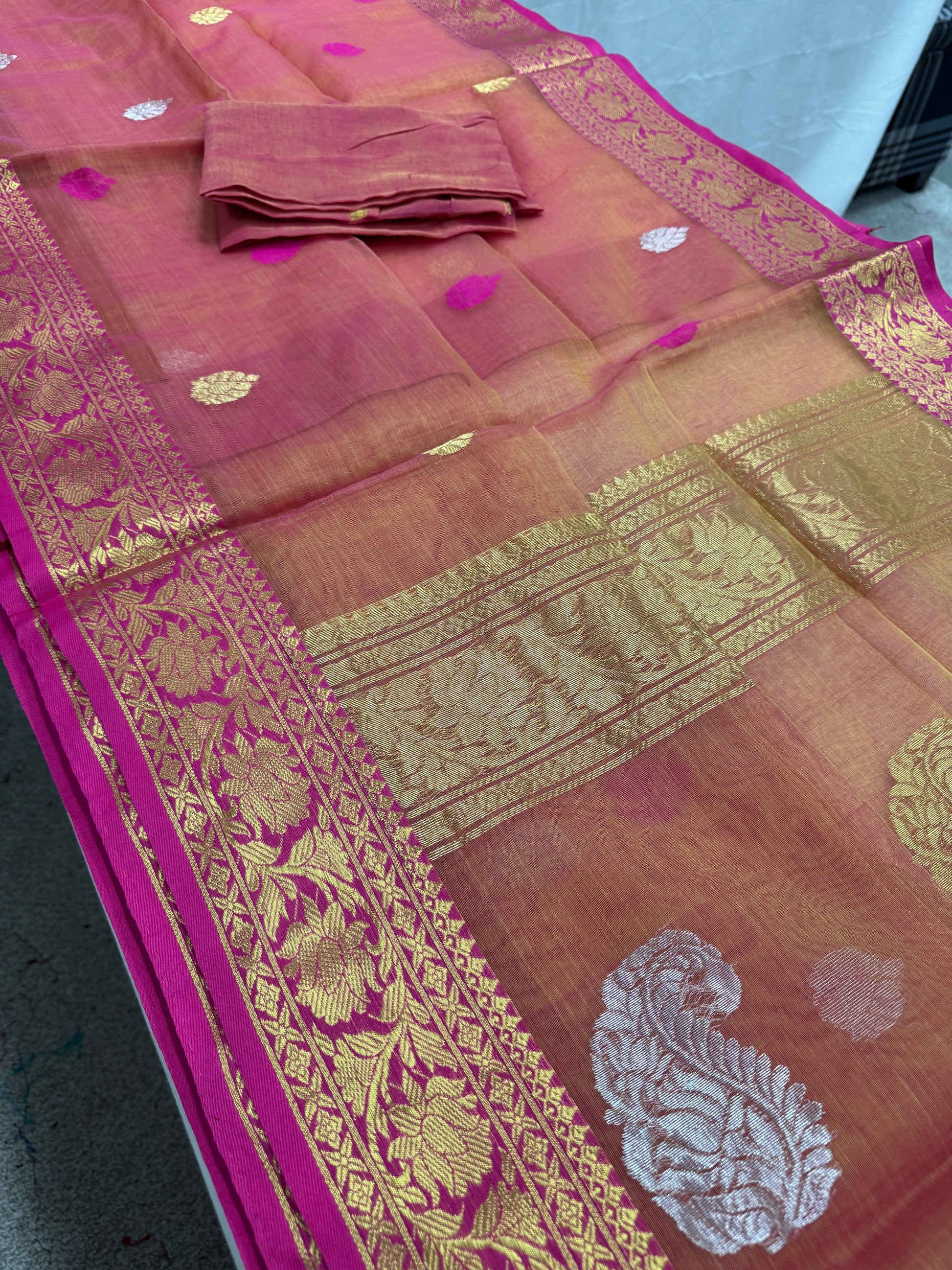Prerna : Peach and Pink Semi Muslin Banarasi Saree image 3