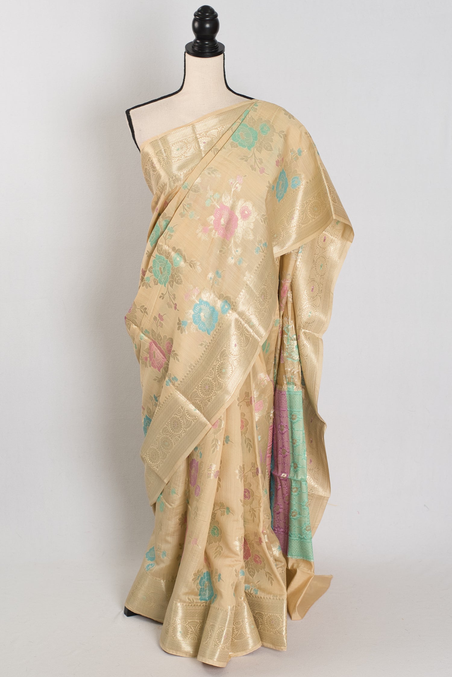 Mahi: Off-White & Gold Soft Muga Cotton Silk Saree | Floral Banarasi Weave image 0