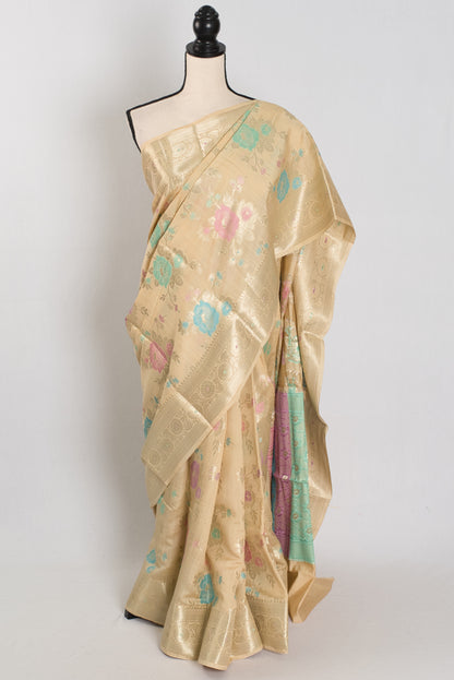Mahi: Off-White & Gold Soft Muga Cotton Silk Saree | Floral Banarasi Weave image 0
