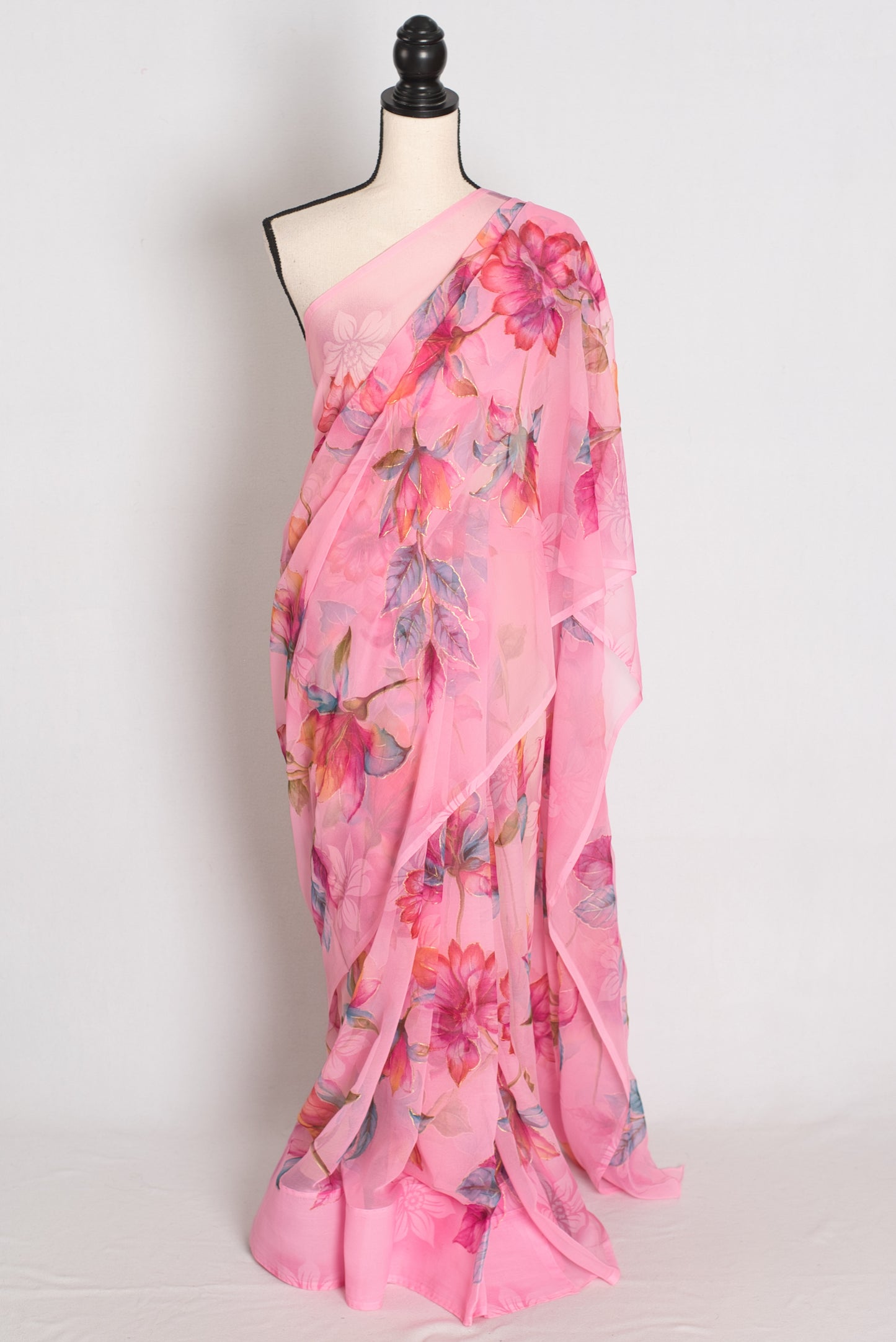 Mou : Bubble Gum Pink Floral Printed Chiffon Saree, Budget-Friendly Summer Drape image 0