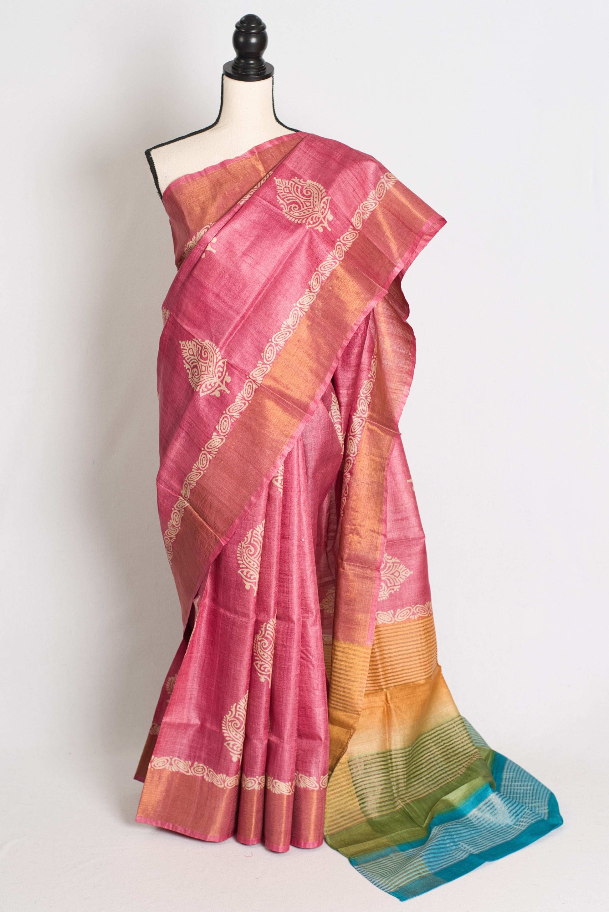 Bela: Hand Block Printed Pink Tussar Silk Saree with Tri-Color Pallu image 0