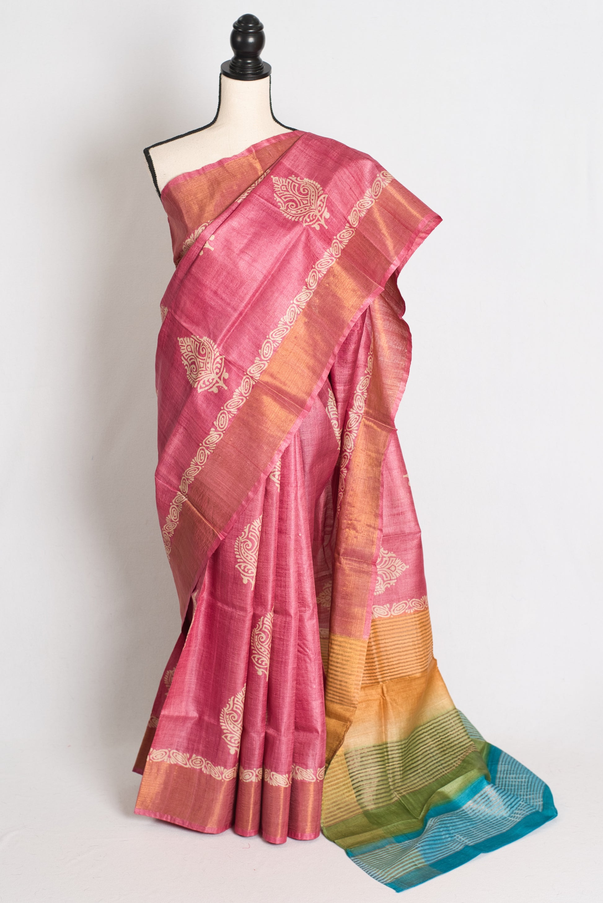 Bela: Hand Block Printed Pink Tussar Silk Saree with Tri-Color Pallu image 0