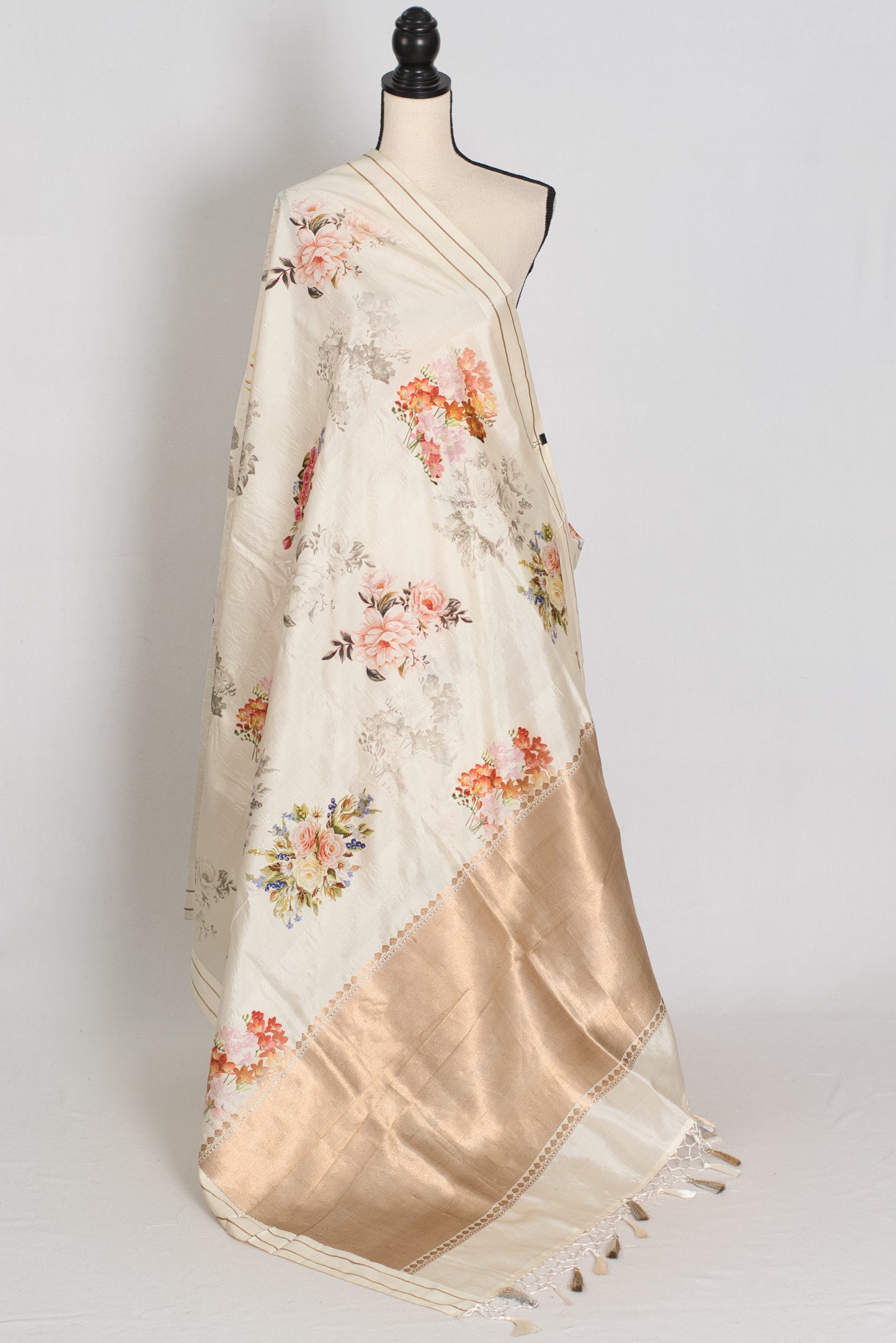 Sheuli : Ivory White Floral Printed Banarasi Katan Silk Saree image 1