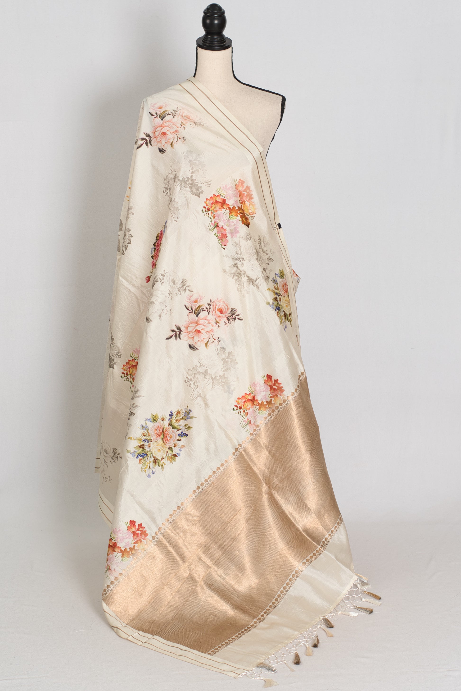 Sheuli : Ivory White Floral Printed Banarasi Katan Silk Saree image 1